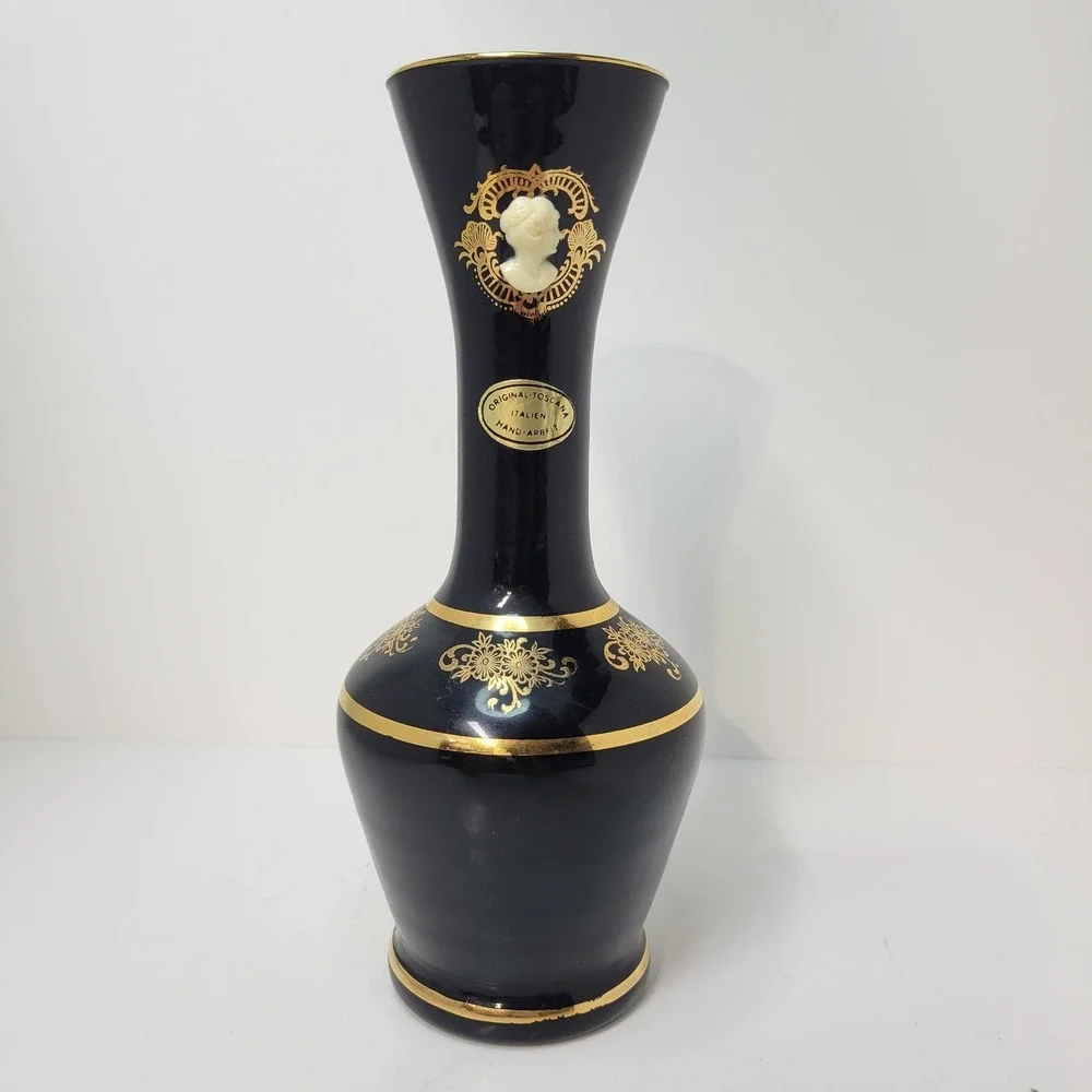 Original Toscana Vase Black Gold Cameo Italian‎ Hand-Arbeit Decor